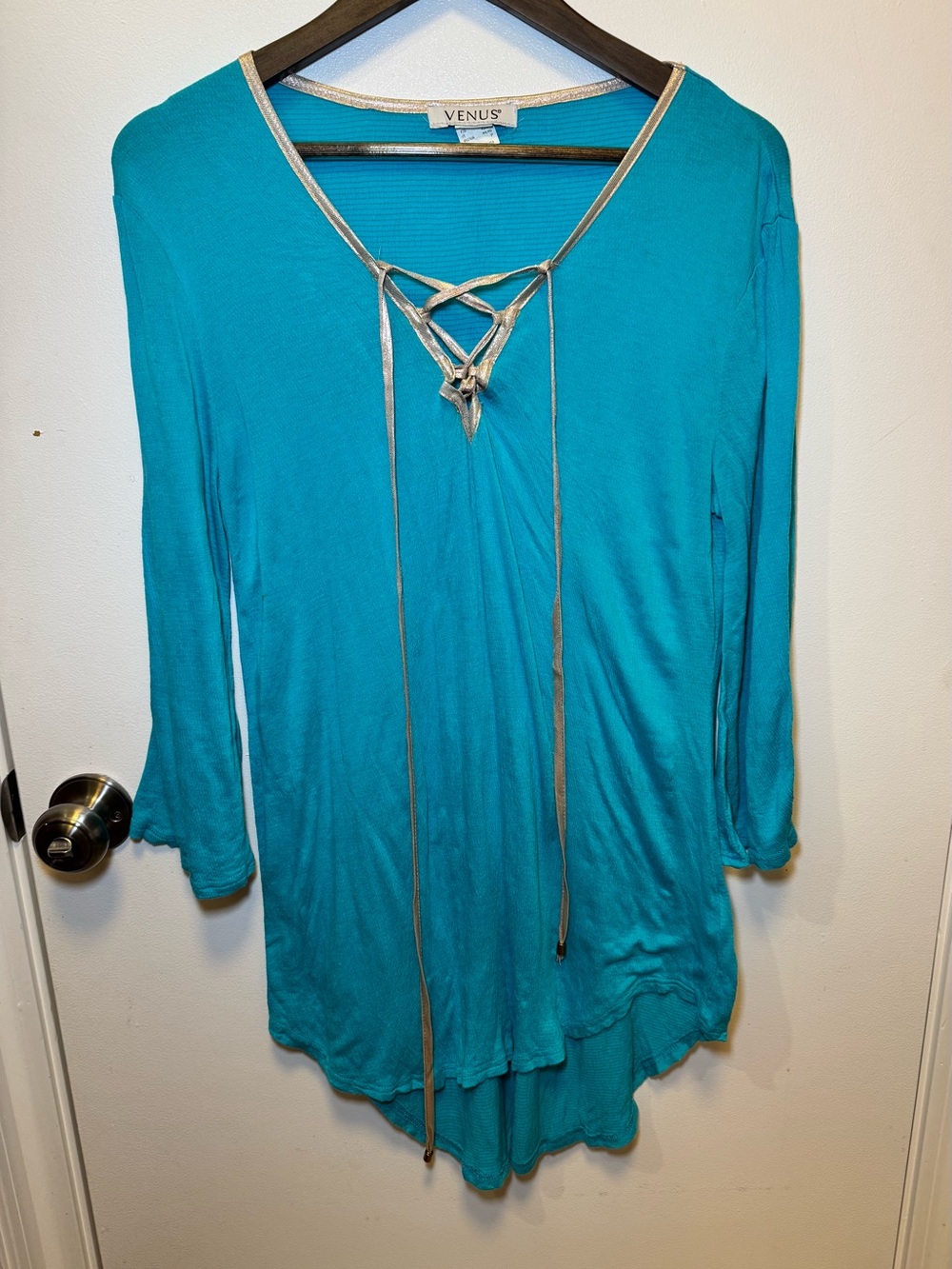 VENUS Turquoise Lace-Up V-Neck Long Sleeve Tunic